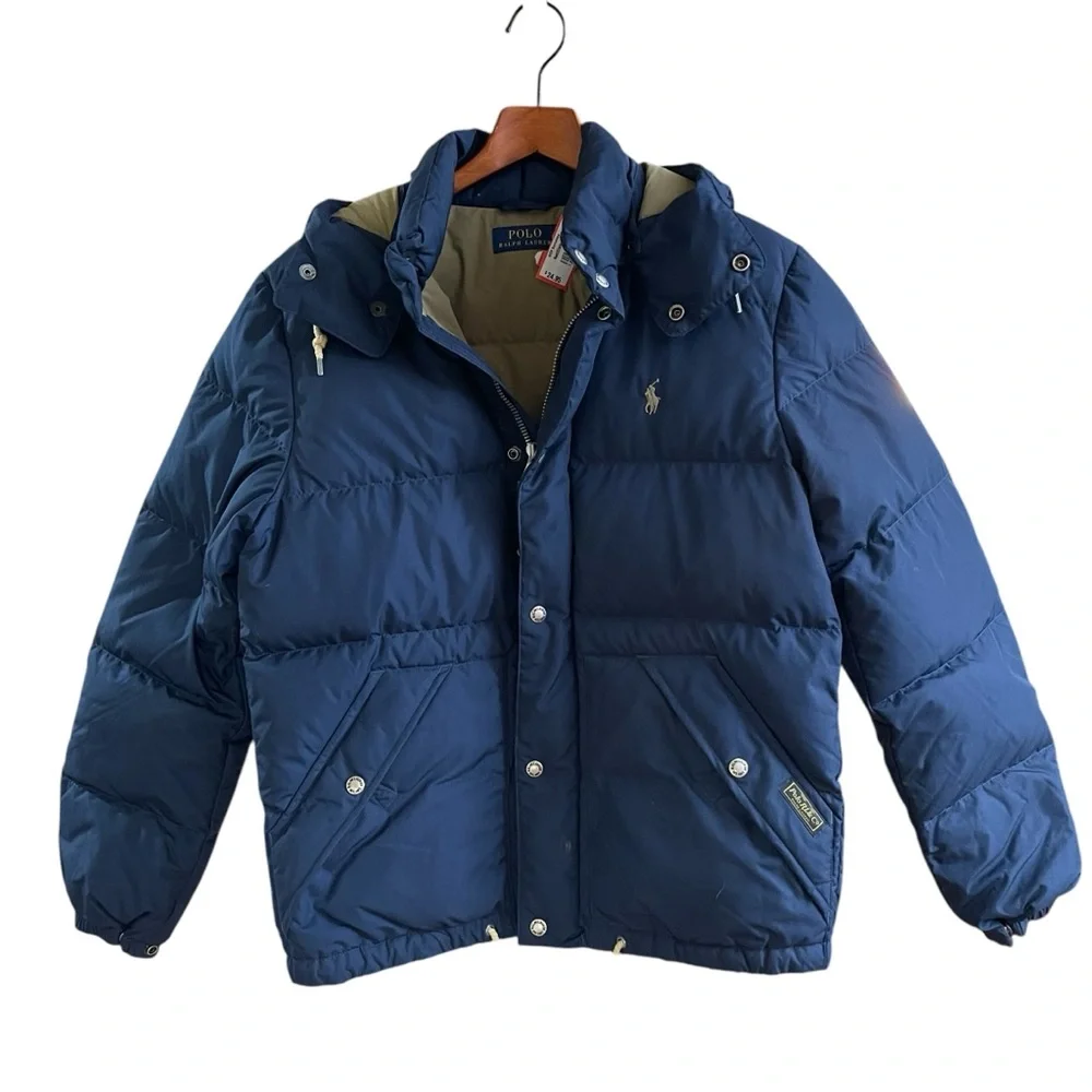 Polo Ralph Lauren Navy Goose Down Puffer Jacket Hooded Leather Toggle Coat Men’s